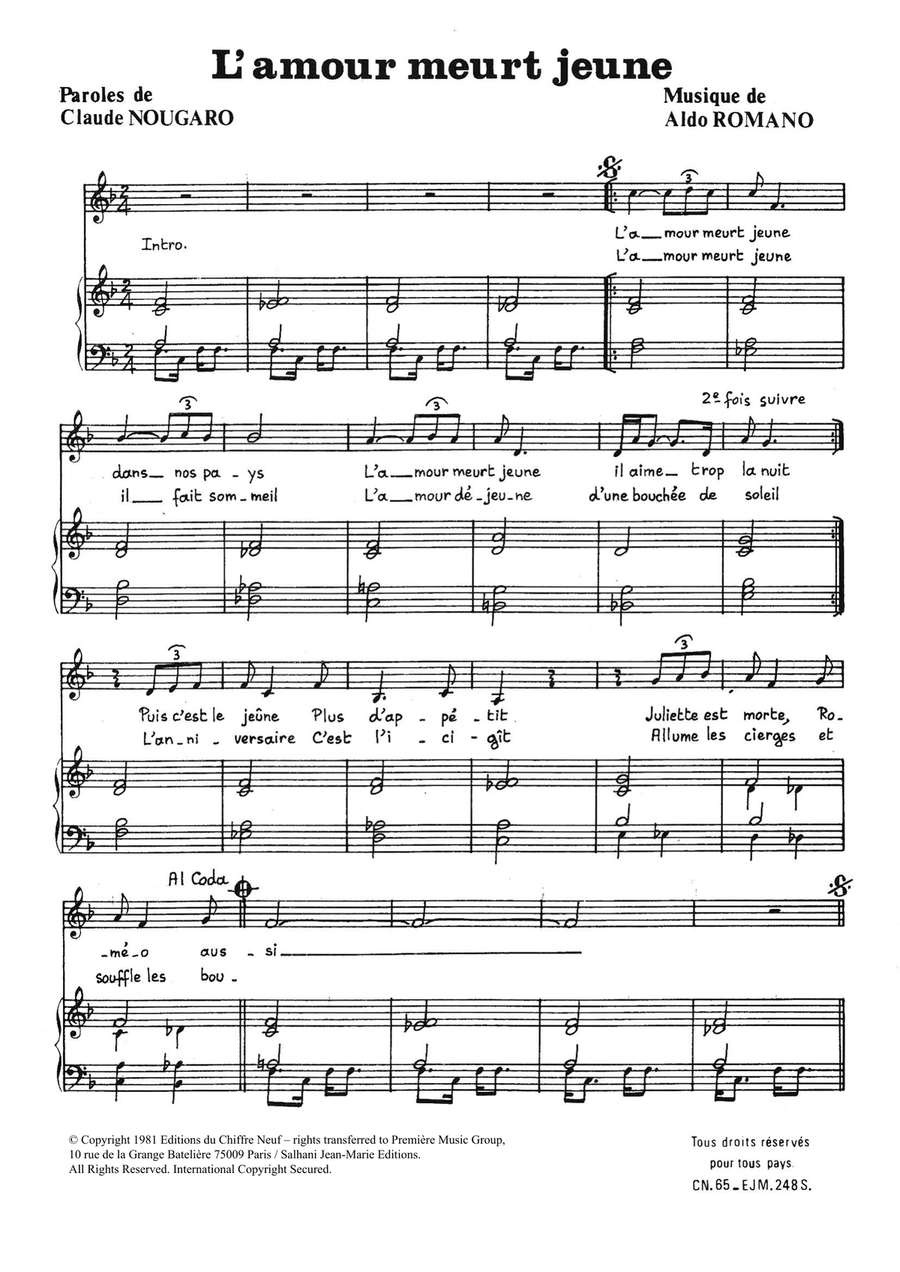 Amour Meurt Jeune Piano, Vocal scores gallery preview page 1