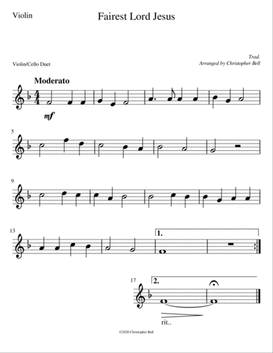 Fairest Lord Jesus - Easy Violin/Cello Duet image number null