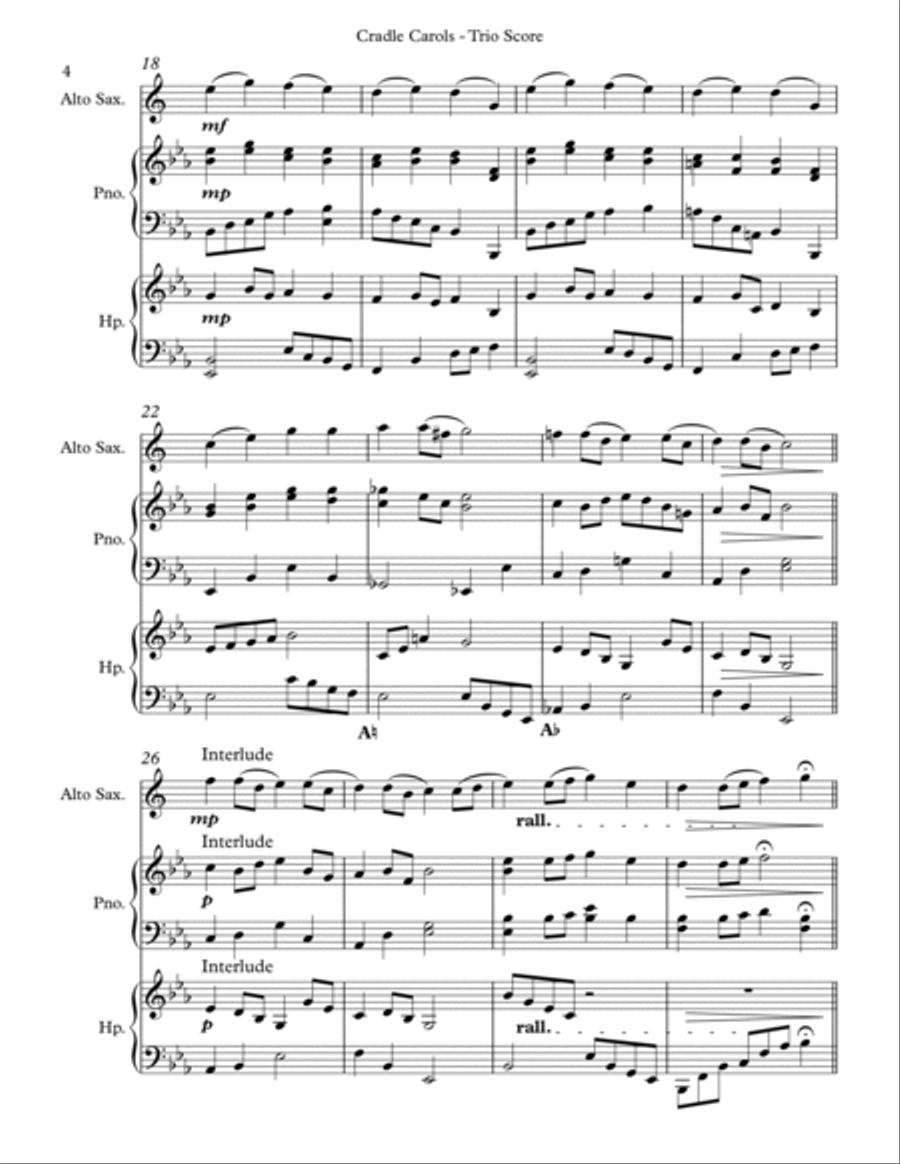 Cradle Carols, Trio for Eb Alto Saxophone, Pedal Harp and Piano image number null