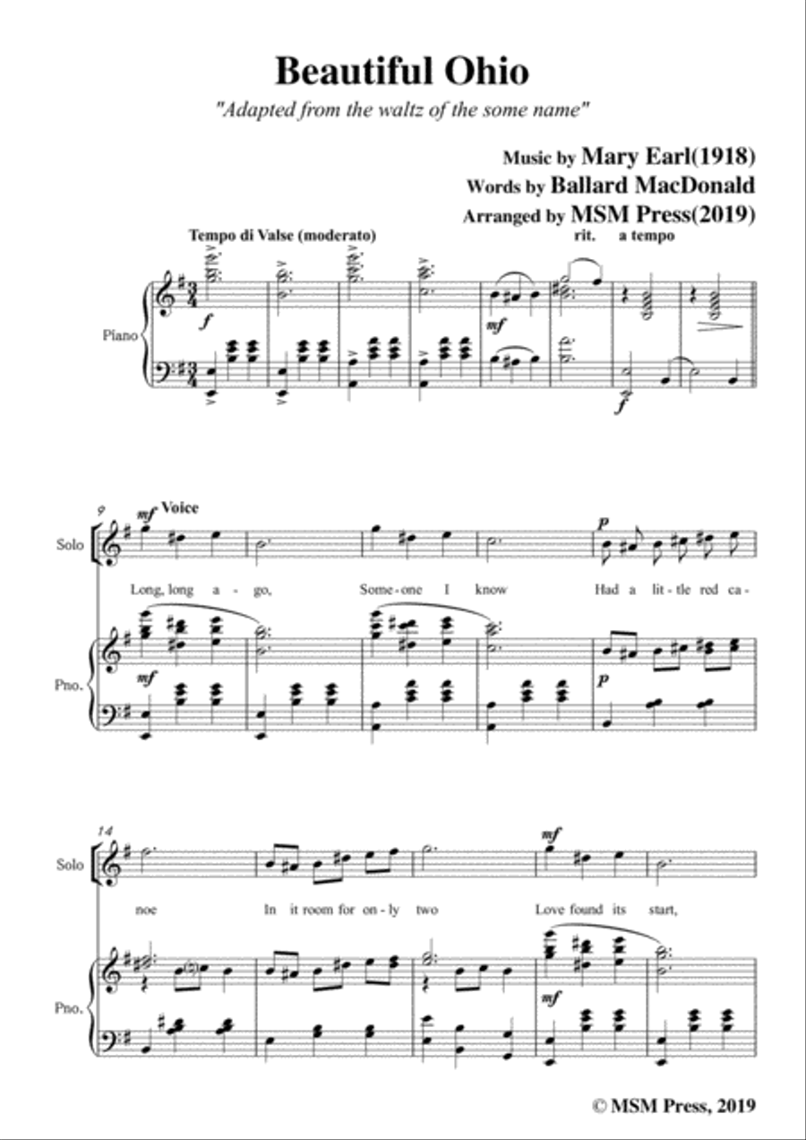 Mary Earl-Beautiful Ohio,in G Major,for Voice and Piano Voice Solo scores gallery preview page 3