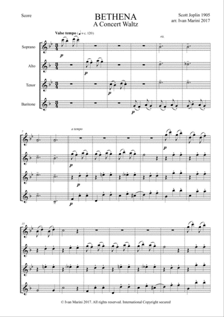 BETHENA (A Concert Waltz) by Scott Joplin - for Saxophone Quartet SATB image number null