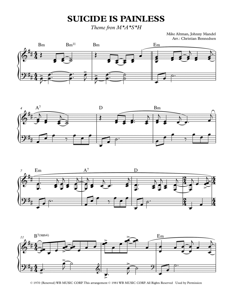 Song From M*a*s*h (suicide Is Painless) Piano Solo scores gallery preview page 1