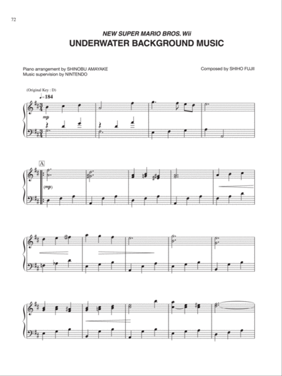 New Super Mario Bros. Wii Underwater Background Music Piano Solo scores gallery preview page 1