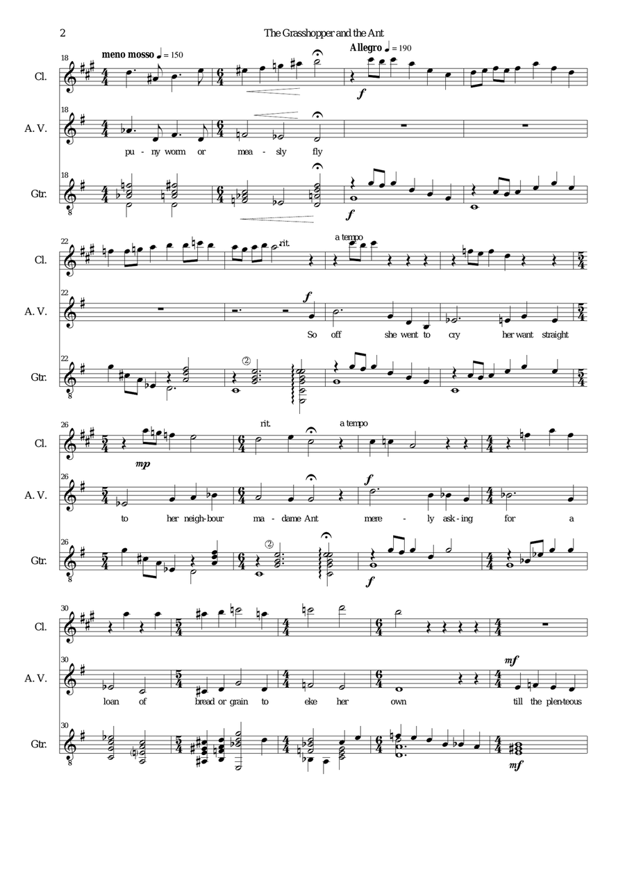 The grasshopper and the ant for alto voice, clarinet and guitar Small Ensemble scores gallery preview page 2