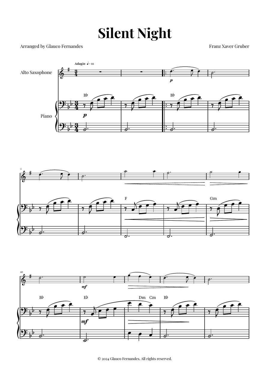 Silent Night | BEAUTIFUL Arrangement Alto Saxophone scores gallery preview page 1