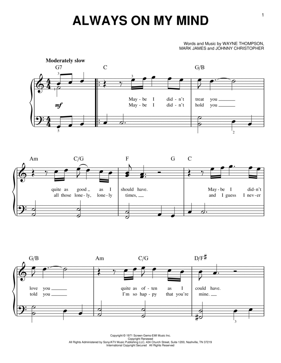 Always On My Mind Easy Piano scores gallery preview page 1