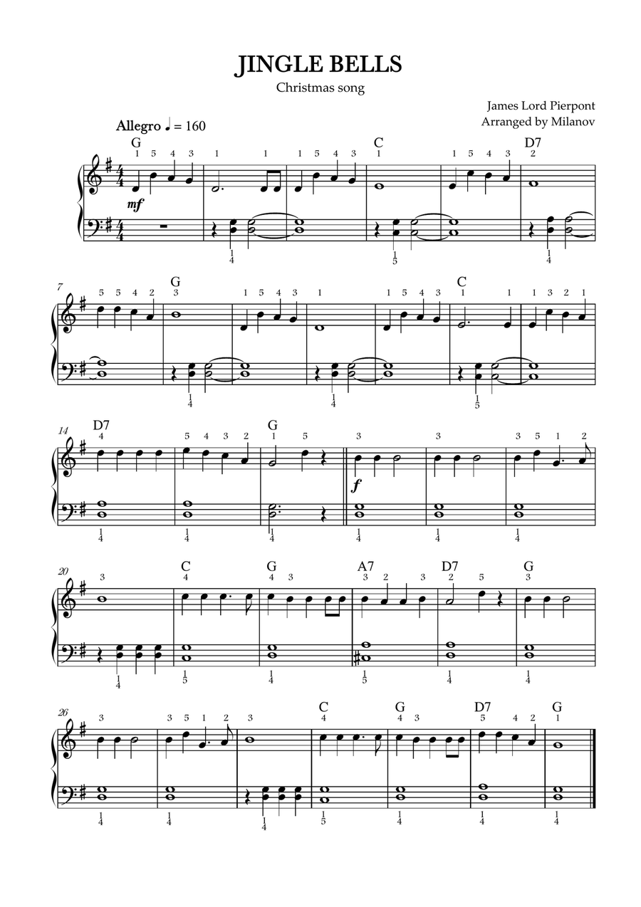 Jingle Bells | Pierpont | Christmas song | piano | easy | fingering | chords image number null