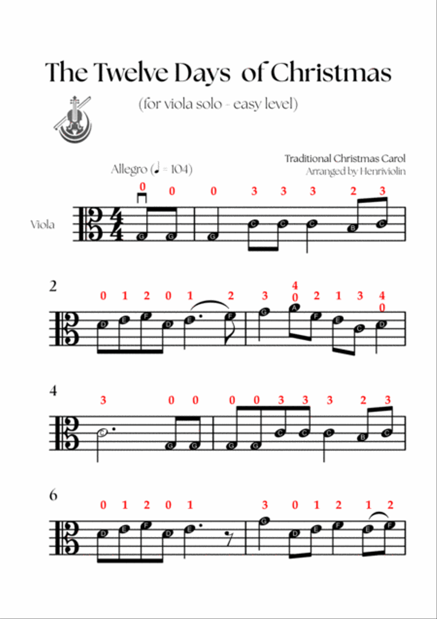 The Twelve Days of Christmas (VIOLA SOLO - EASY LEVEL) Viola Solo scores gallery preview page 2