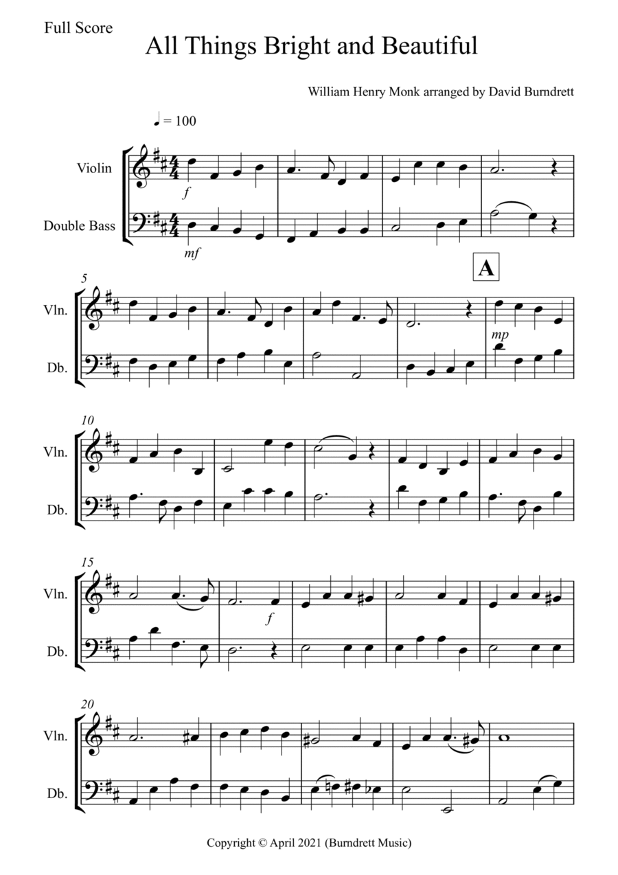 All Things Bright and Beautiful for Violin and Double Bass Duet String Duet scores gallery preview page 1