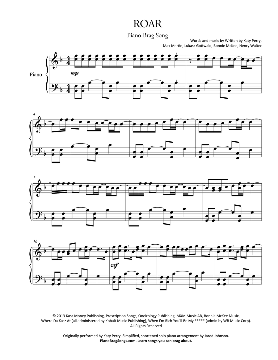 Roar Piano Solo scores gallery preview page 1