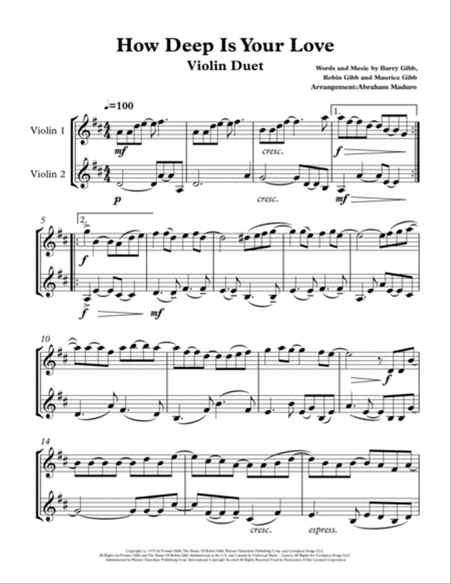 How Deep Is Your Love from the Motion Picture SATURDAY NIGHT FEVER String Duet scores gallery preview page 1