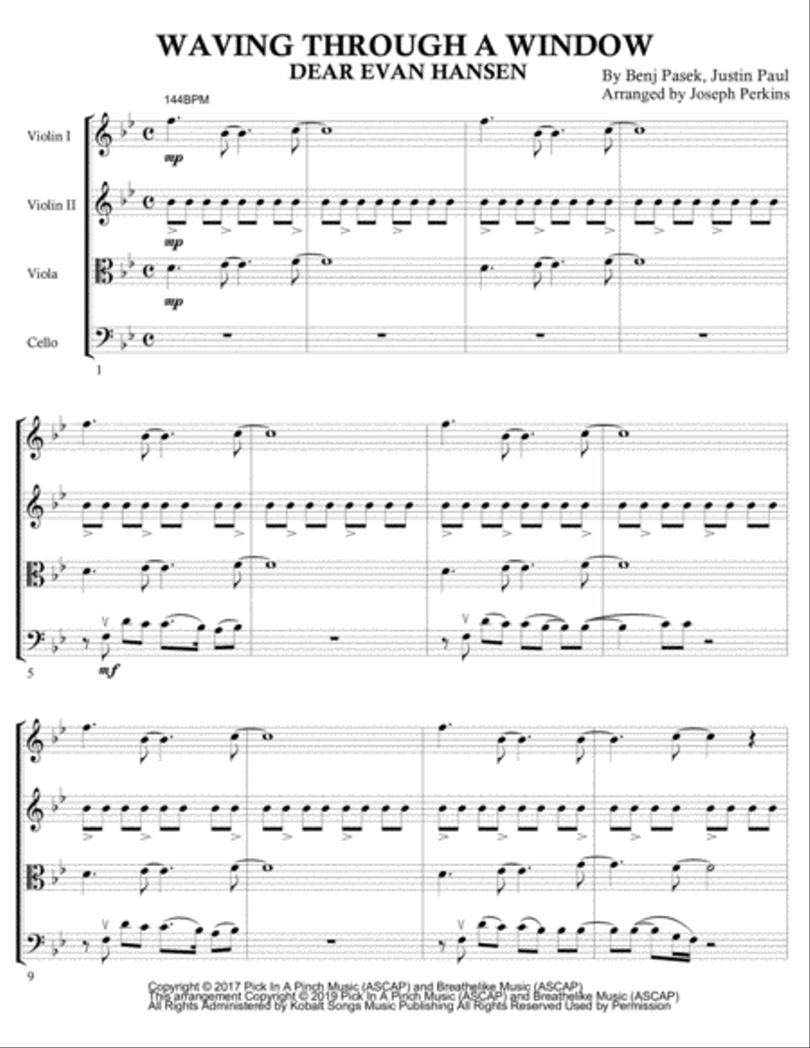 Waving Through A Window String Quartet scores gallery preview page 1
