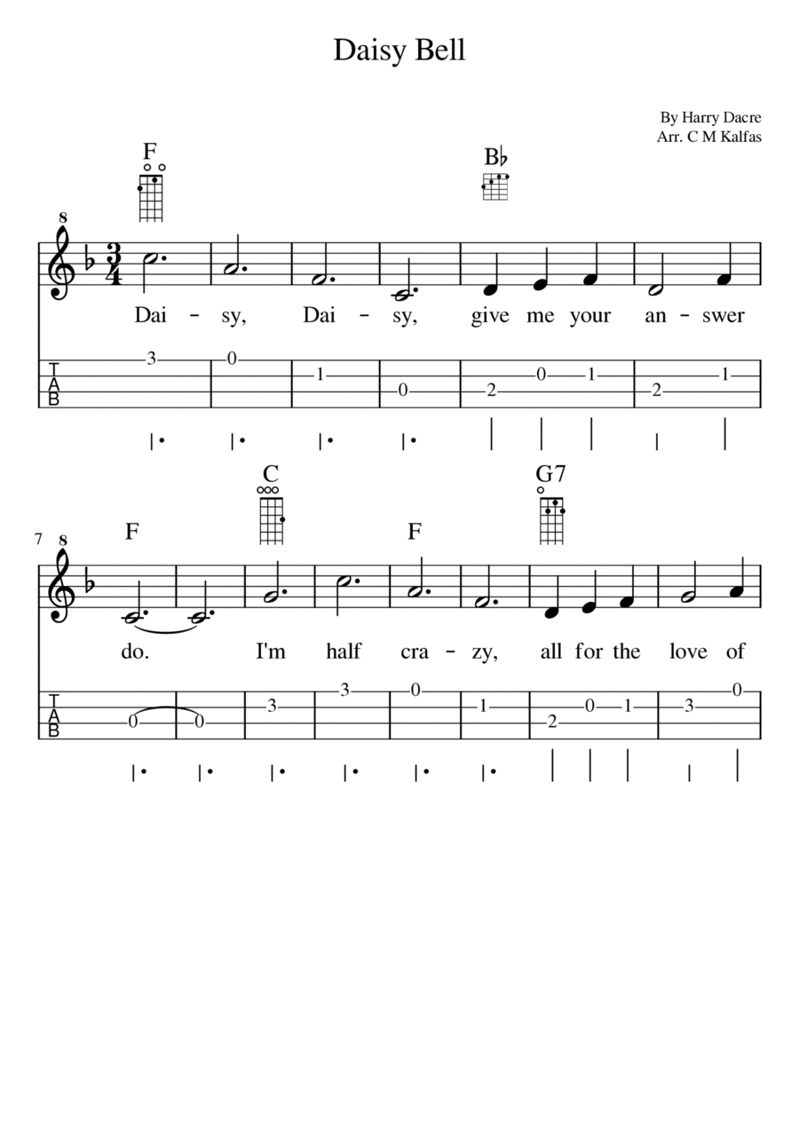 Daisy Bell - ukulele tab and chords (key of C) Woodwind Duet scores gallery preview page 1