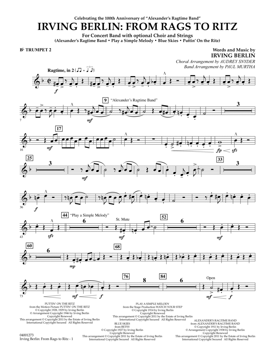 Irving Berlin: From Rags To Ritz - Bb Trumpet 2 Concert Band scores gallery preview page 1