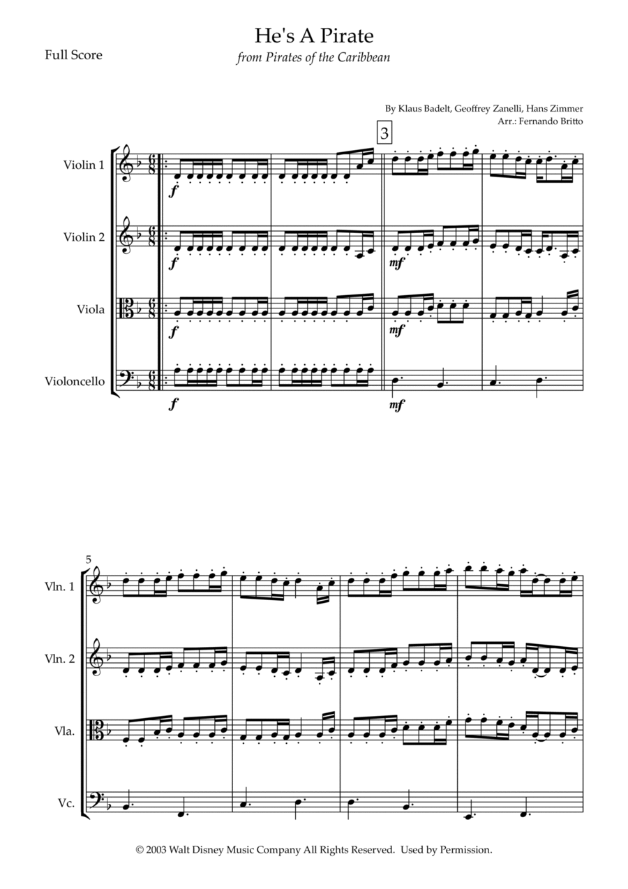He's A Pirate String Quartet scores gallery preview page 1