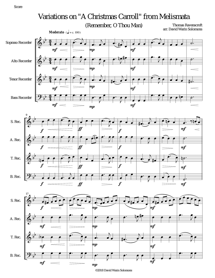 Variations on Remember, O Thou Man (from Ravenscroft's Melismata) for recorder quartet Soprano Recorder scores gallery preview page 1