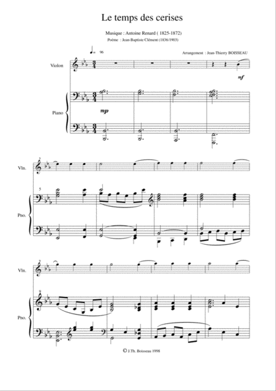 Antoine Renard: Le Temps des Cerises, arranged for violin and piano Violin Solo scores gallery preview page 2