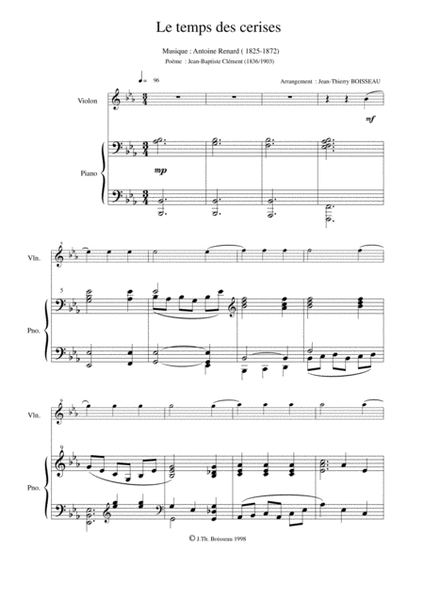 Antoine Renard: Le Temps des Cerises, arranged for violin and piano