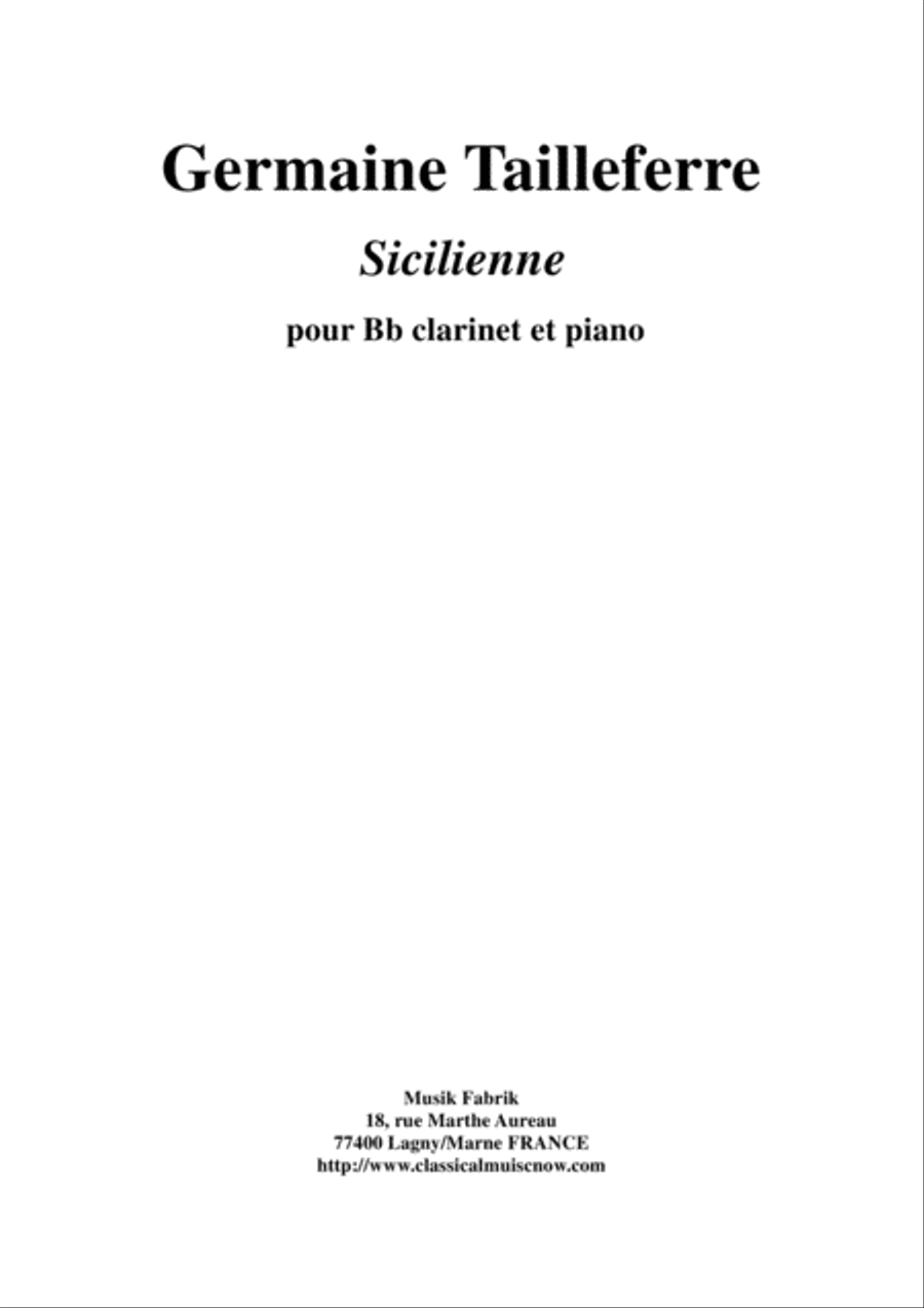 Germaine Tailleferre: Sicilienne for clarinet and piano Clarinet Solo scores gallery preview page 1