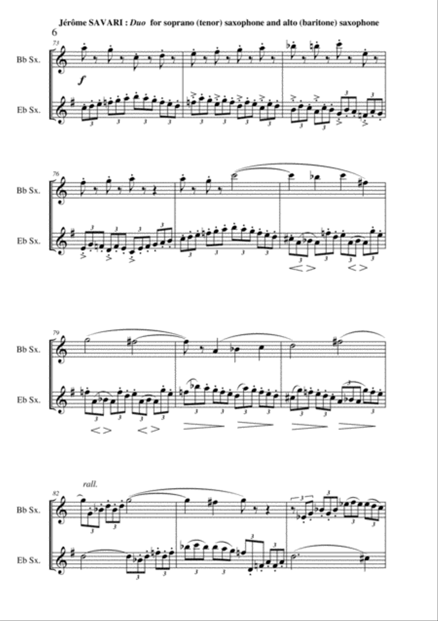 Jérôme SAVARI Duo for soprano saxophone and alto saxophone (or tenor saxophone and baritone saxophon Woodwind Duet scores gallery preview page 6