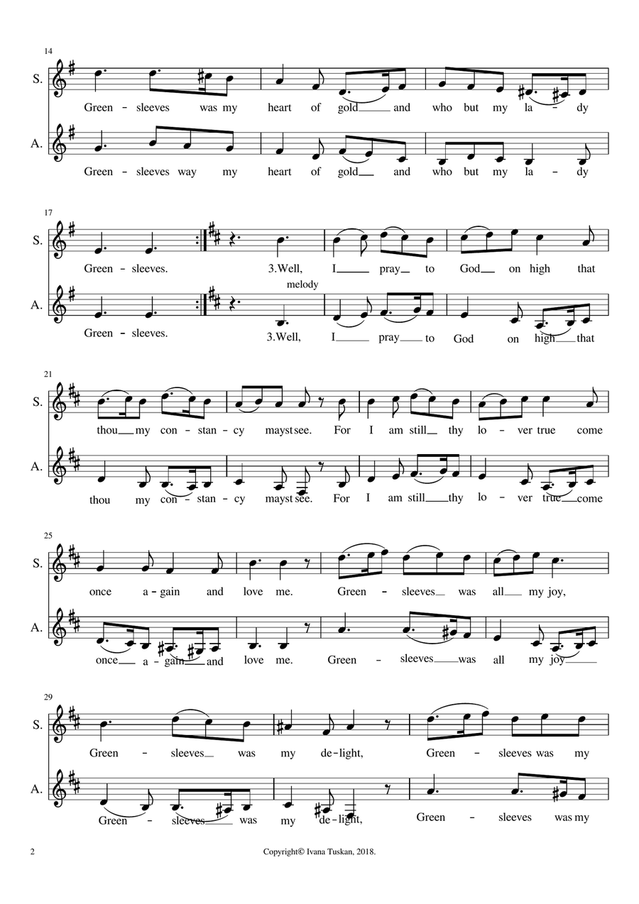Greensleeves, easy duet SA or 2 – part choir a cappella, E minor SA scores gallery preview page 2