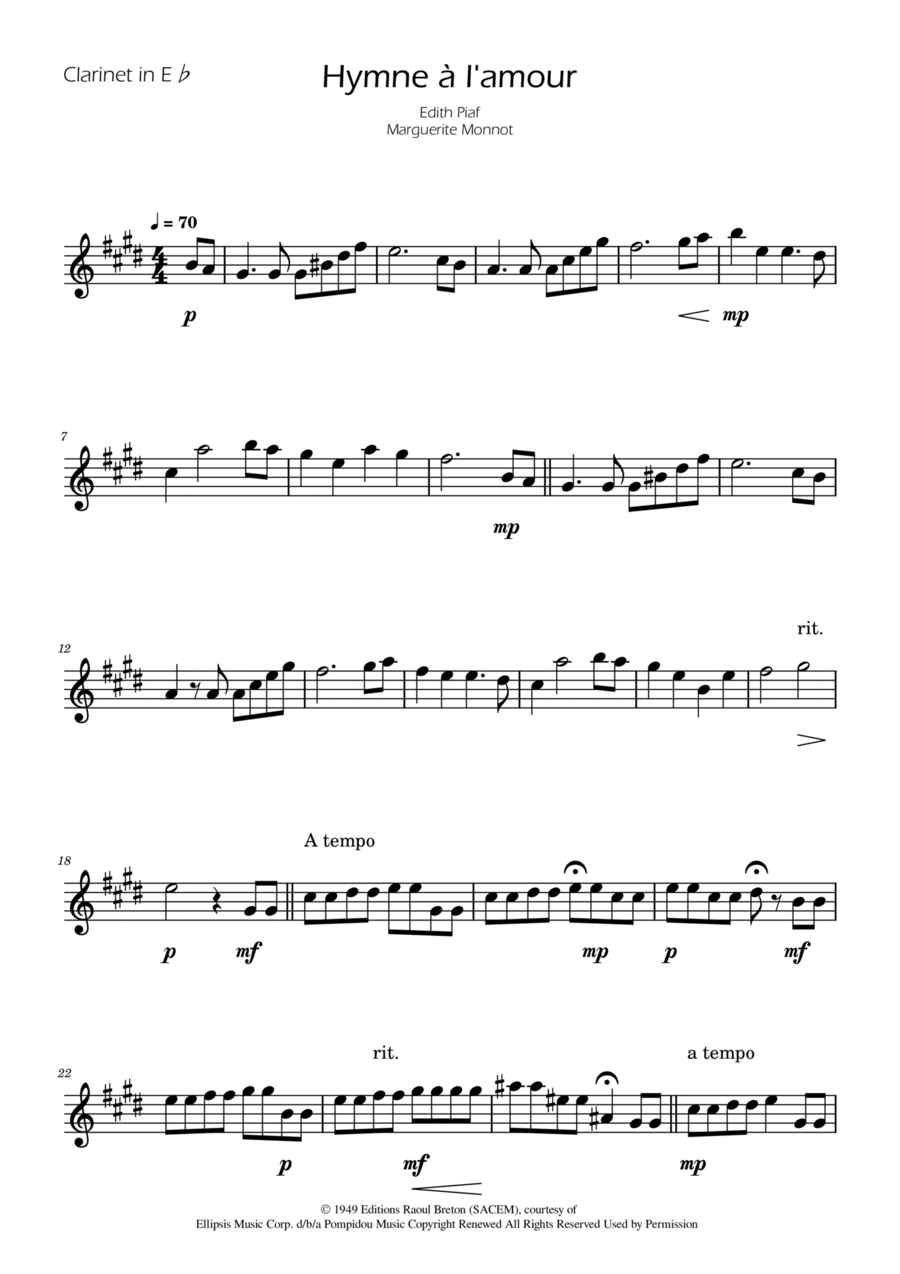 Hymne A L'amour E-Flat Clarinet scores gallery preview page 1