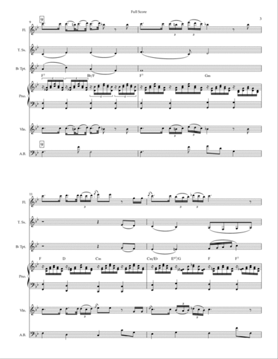 Ave Maria (Franz Schubert) for Flute, Tenor Sax, Trumpet, Violin, A. Bass and Piano with Chords Small Ensemble scores gallery preview page 3
