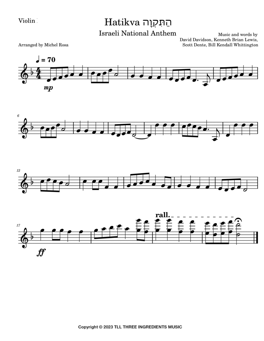 Israel National Anthem (hatikvah) Violin Solo scores gallery preview page 1