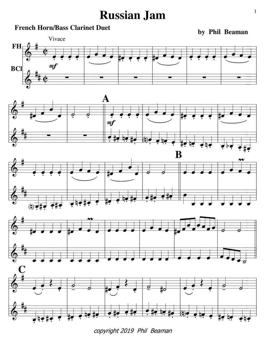 Russian Jam-french horn and bass clarinet duet Clarinet Duet scores gallery preview page 1