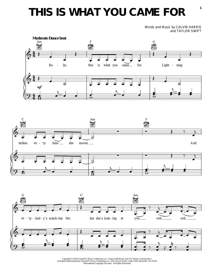 This Is What You Came For (feat. Rihanna) Piano, Vocal, Guitar scores gallery preview page 1