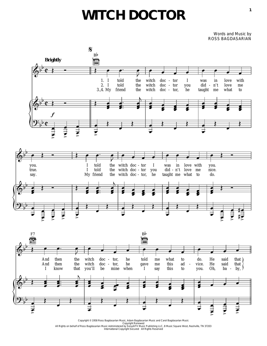 Witch Doctor Piano, Vocal, Guitar scores gallery preview page 1