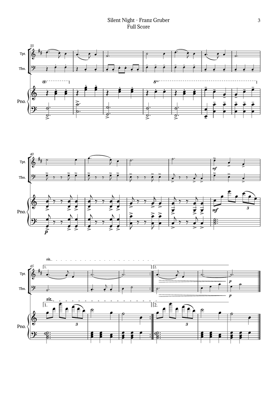 Silent Night for Trumpet and Trombone Duet with Piano Brass Duet scores gallery preview page 3