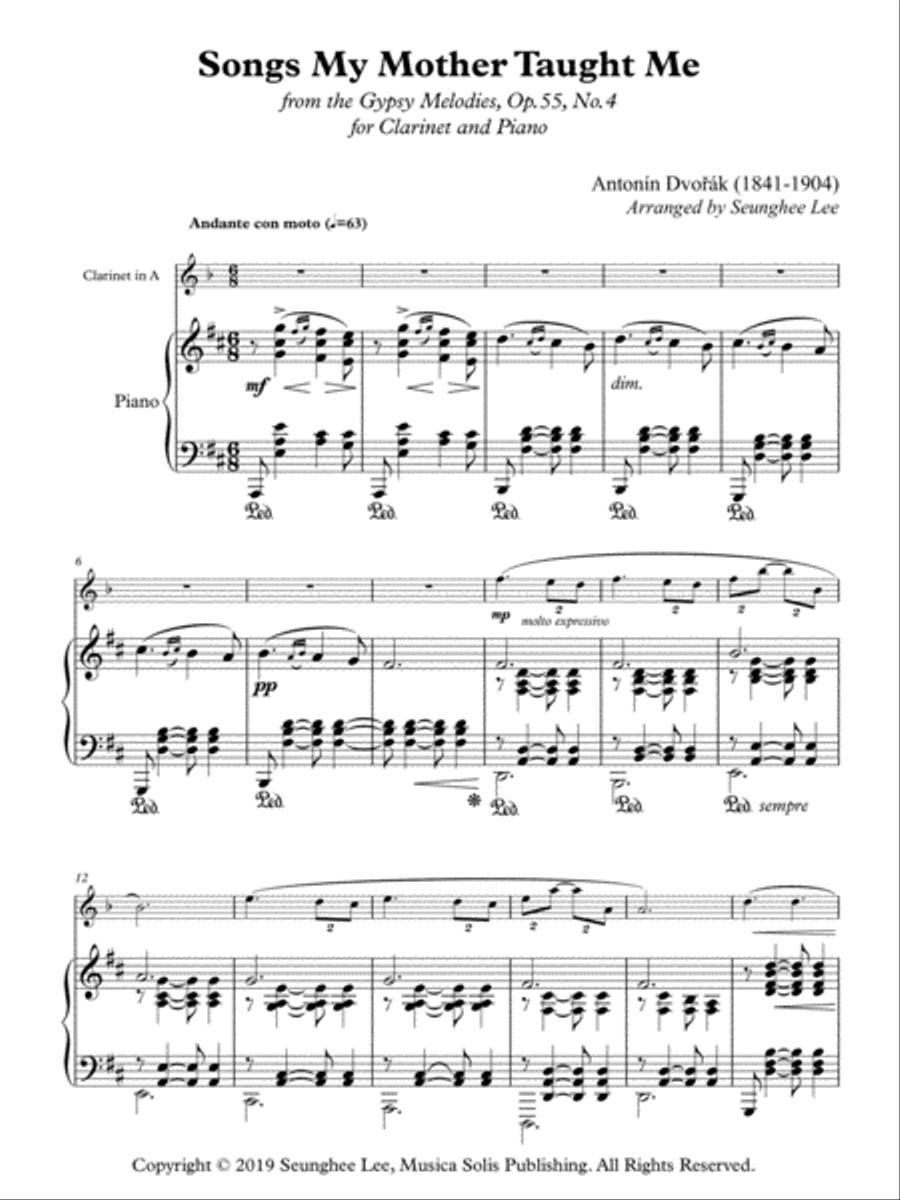 Antonin Dvorak: Songs My Mother Taught Me for Clarinet and Piano Clarinet Solo scores gallery preview page 1