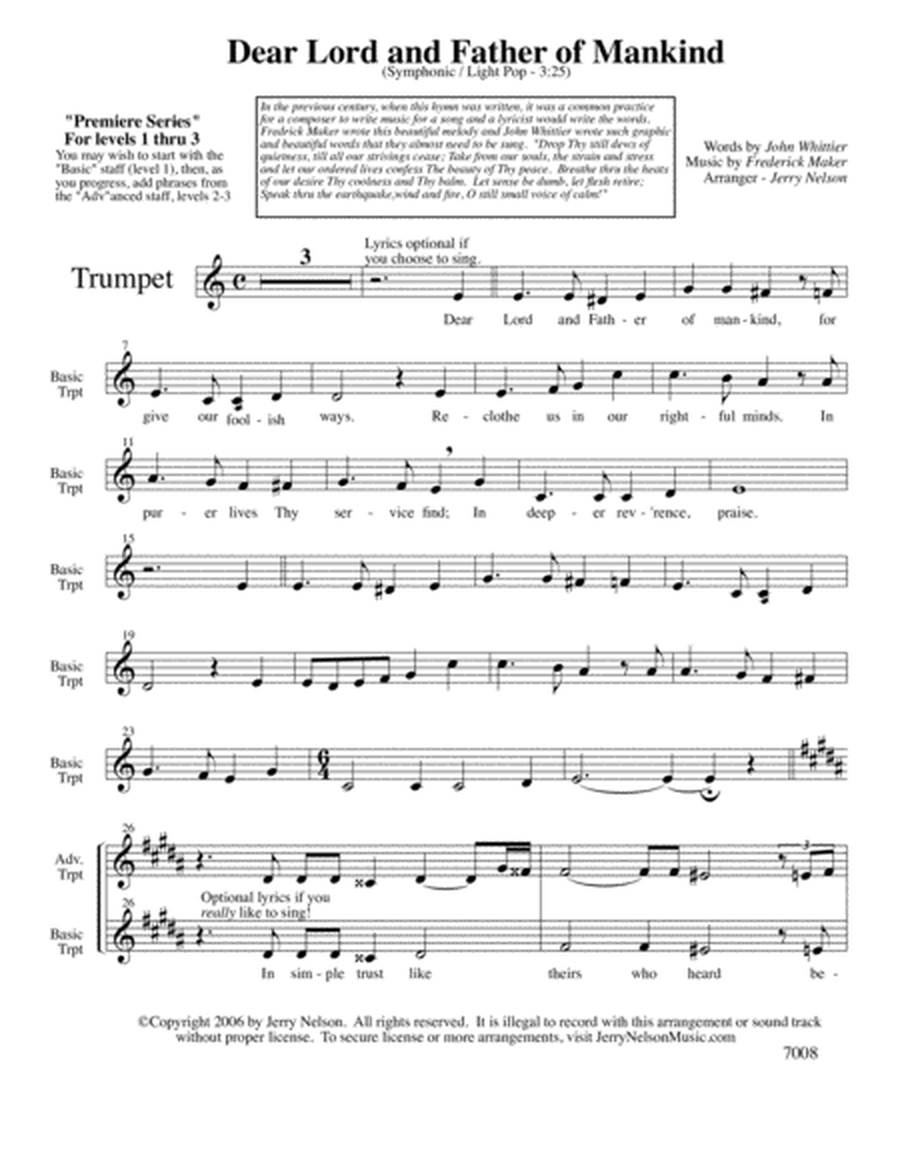 Dear Lord and Father of Mankind (Arrangements Level 1-3 for TRUMPET + Written Acc) Hymn image number null
