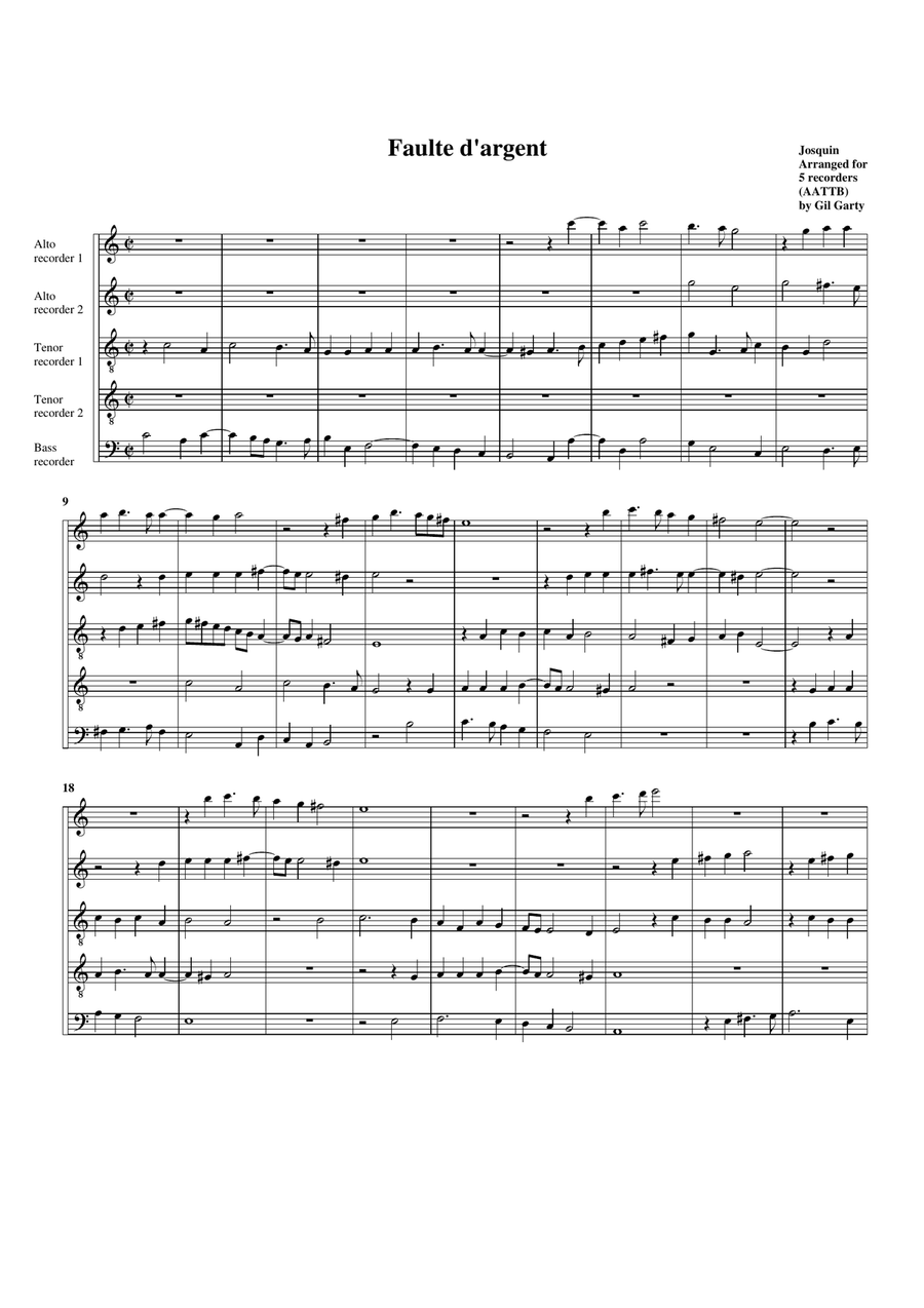 Faulte d'argent (arrangement for 5 recorders) Recorder scores gallery preview page 1