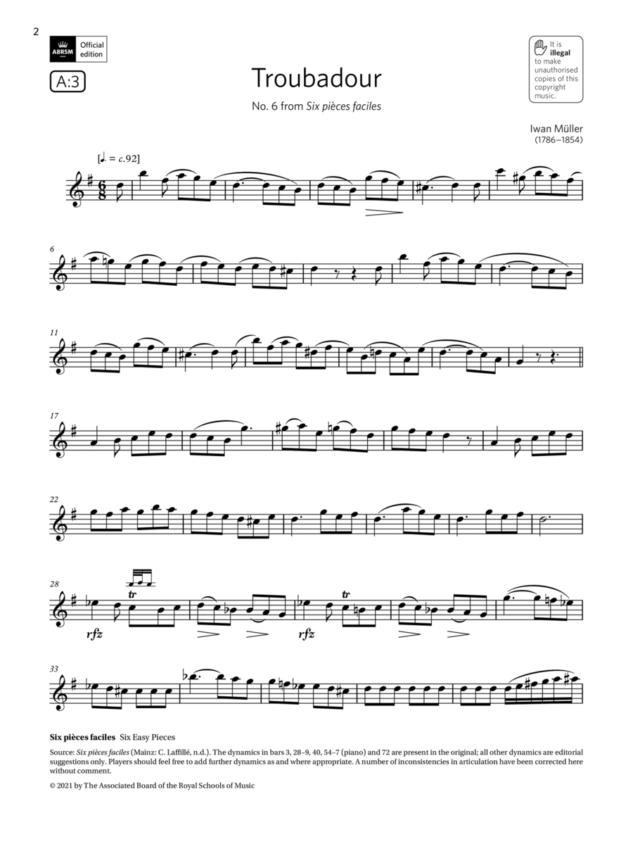 Troubadour (from Six pièces faciles) (Grade 5 List A3 from the ABRSM Clarinet syllabus from 2022) Clarinet Solo scores gallery preview page 1