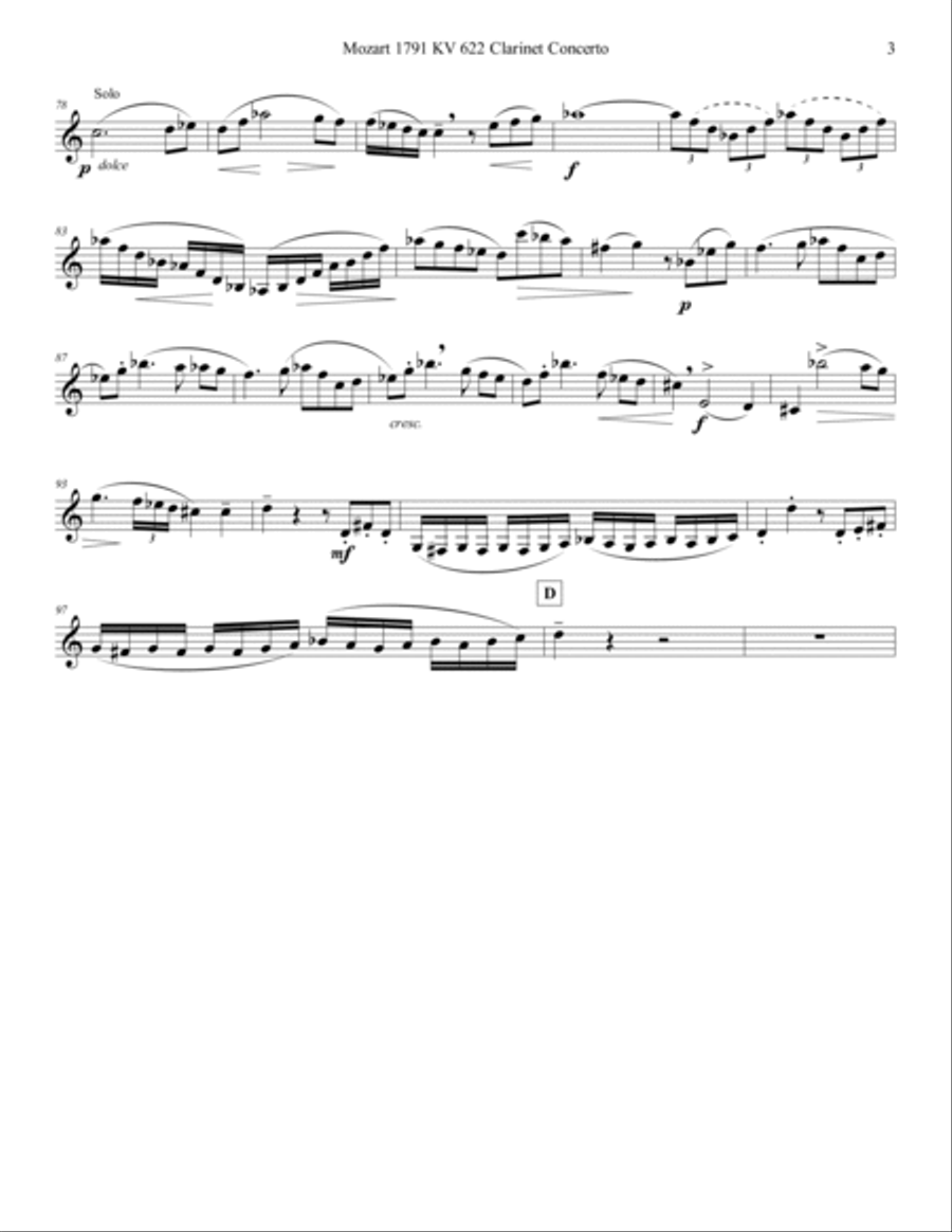 Mozart 1791 KV 622 Clarinet Concerto in A Solo Part Only A Clarinet scores gallery preview page 3