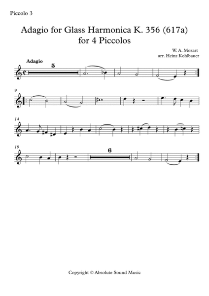 Adagio for Glass Harmonica K. 356 (617) for 4 Piccolos - Adagio für Glasharmonika für 4 Piccoli