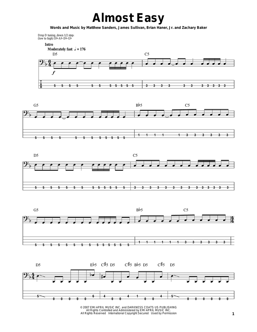 Almost Easy Almost Easy Bass Guitar Tablature scores gallery preview page 1