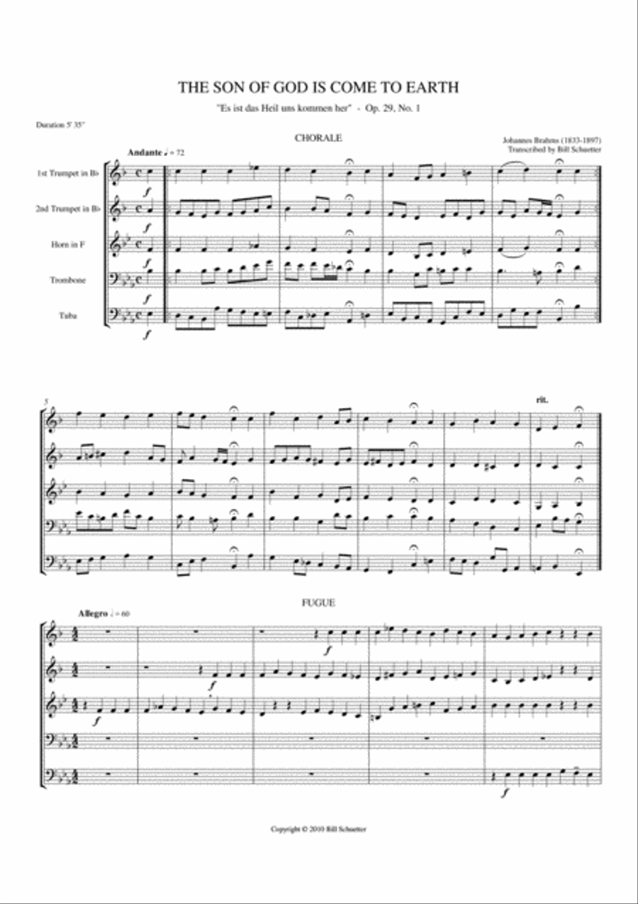 The Son of God is Come To Earth Brass Quintet scores gallery preview page 1