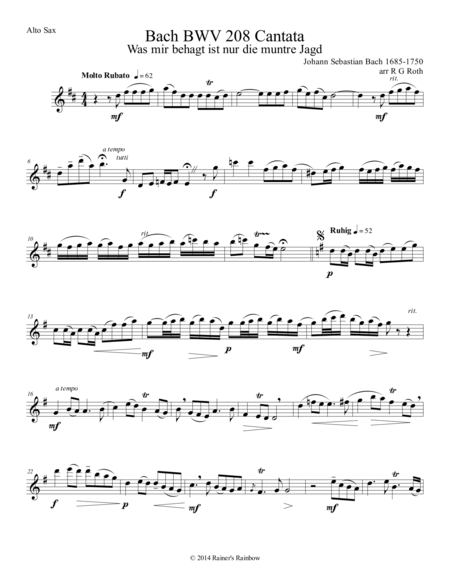 Bach BWV 208 Aria May Sheep Safely Graze Alto Sax Solo Parts and Score