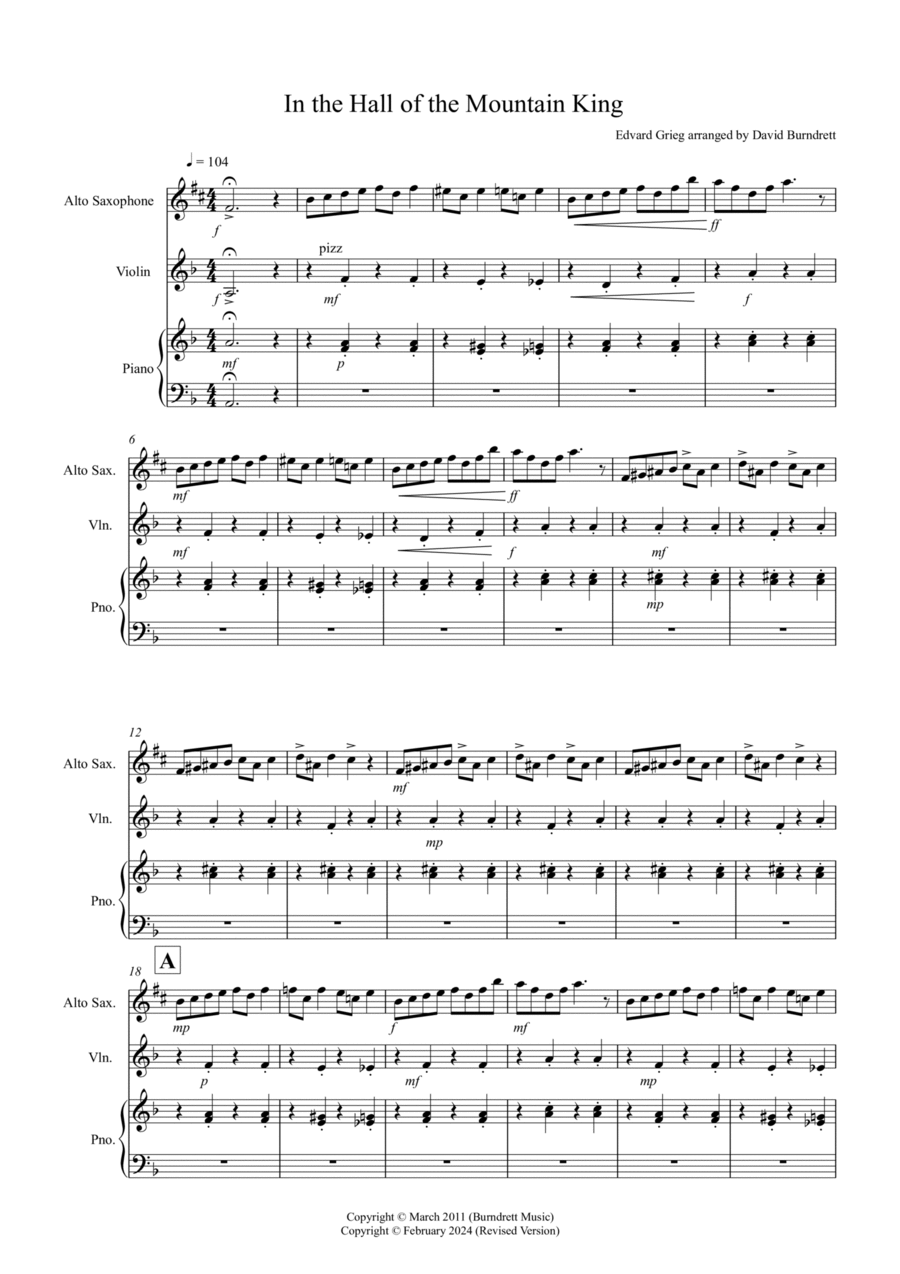 In the Hall of the Mountain King for Alto Saxophone and Violin Duet Alto Saxophone scores gallery preview page 1
