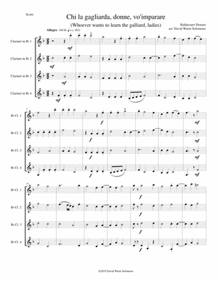 Chi la gagliarda (Whoever wants to learn the galliard) arranged for 4 clarinets