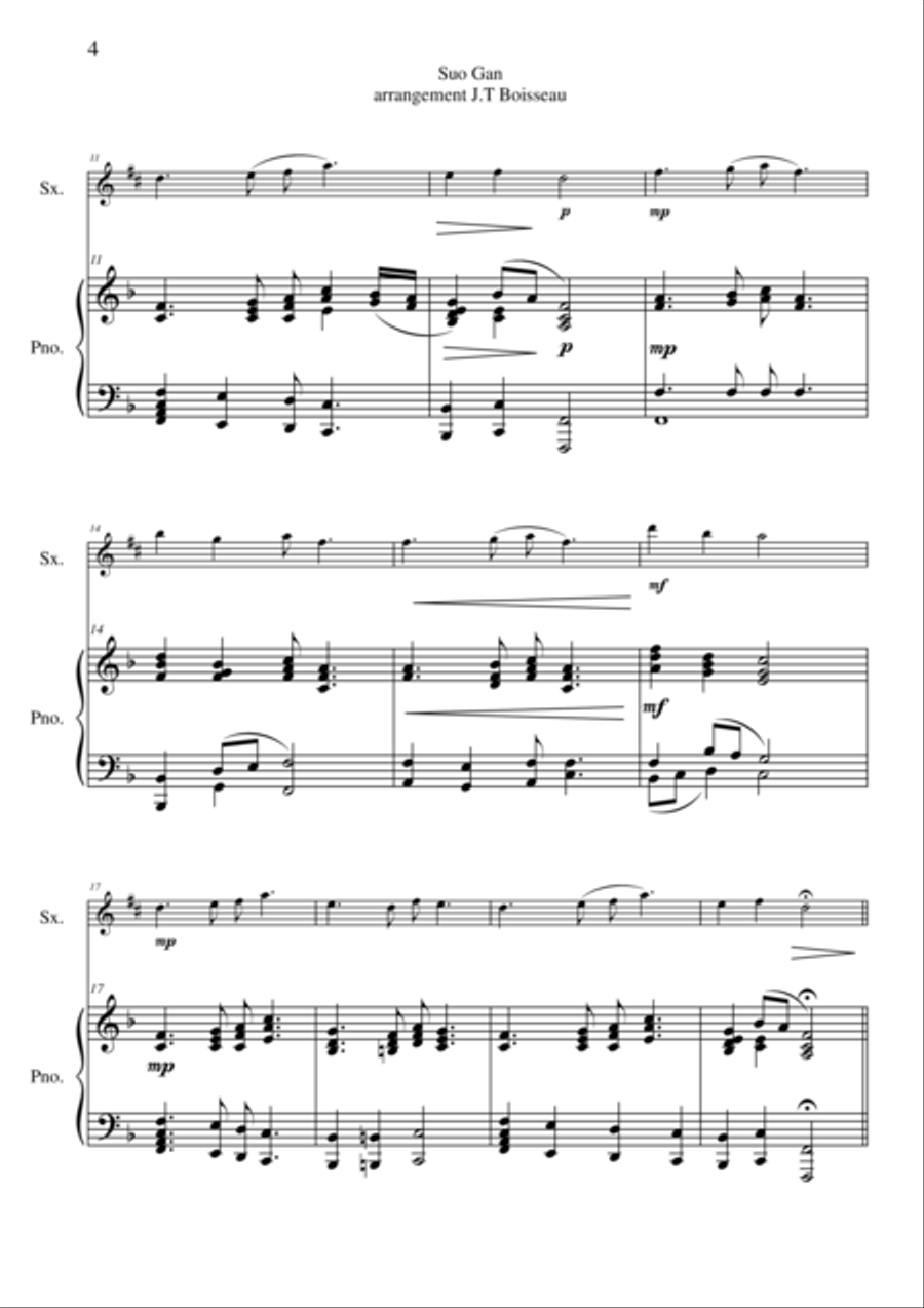 Traditional Welsh Lullaby: Suo Gân, arranged for Eb alto saxophone and piano by Jean-Thierry Boissea Alto Saxophone scores gallery preview page 4
