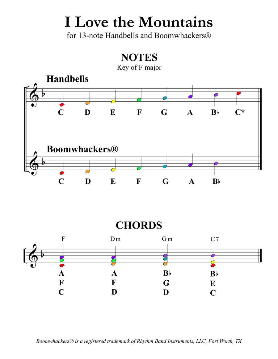 I Love the Mountains (for 13-note Bells and Boomwhackers with Color Coded Notes) Handbell Choir scores gallery preview page 3