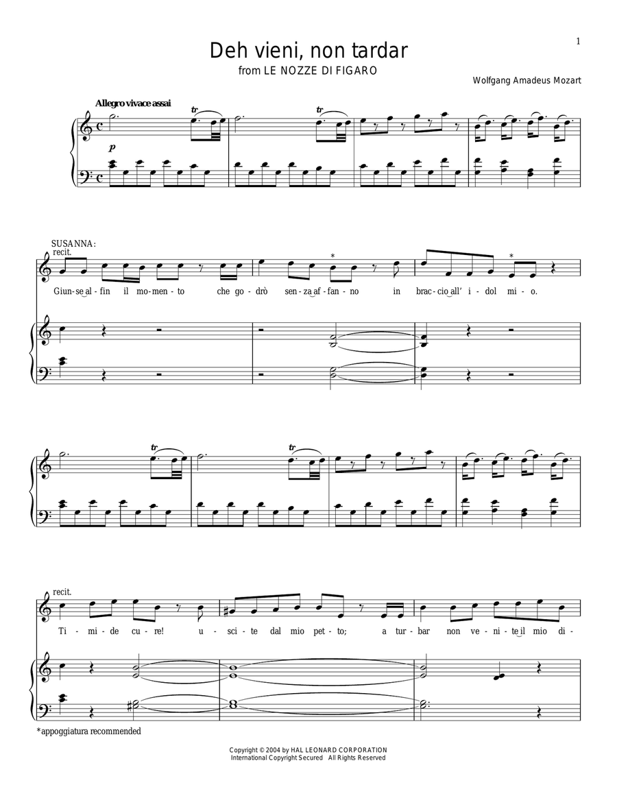Deh Vieni, Non Tardar from Le Nozze Di Figaro Piano, Vocal, Guitar scores gallery preview page 1