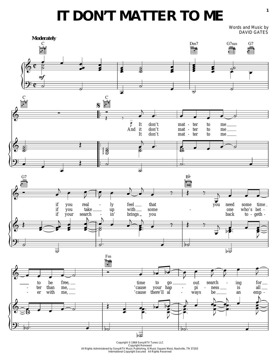 It Don't Matter To Me Piano, Vocal, Guitar scores gallery preview page 1