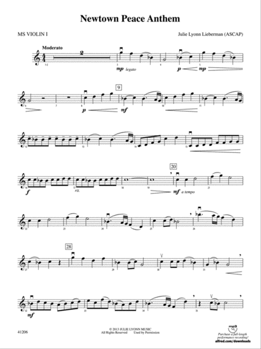 Newtown Peace Anthem: MS Violin 1 String Orchestra scores gallery preview page 1