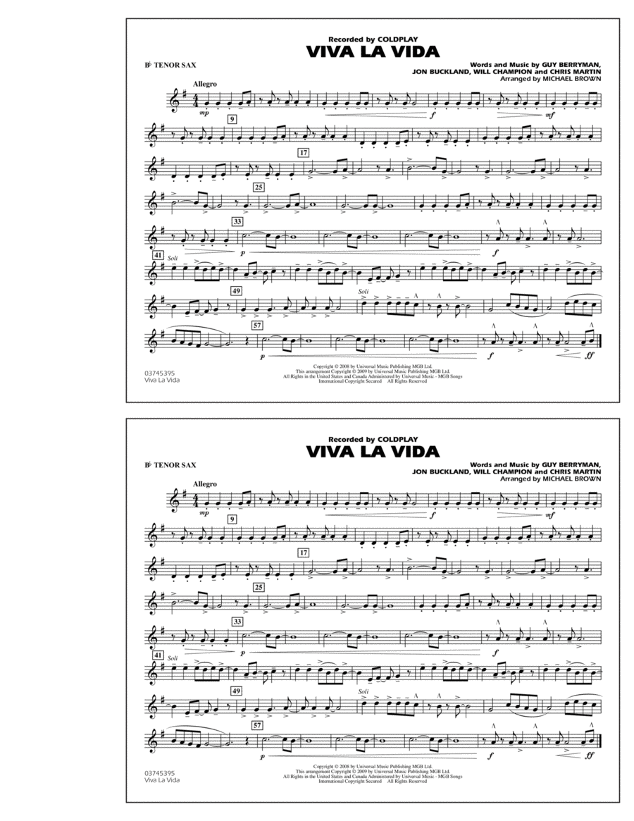 Viva La Vida - Bb Tenor Sax Marching Band scores gallery preview page 1