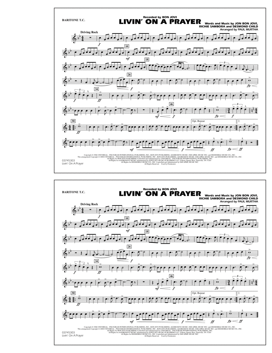 Livin' on a Prayer - Baritone T.C. Marching Band scores gallery preview page 1
